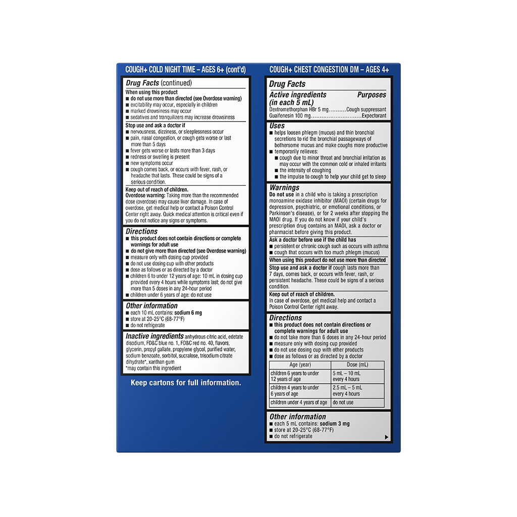 Drug facts & information on back of Delsym® Cough+ Day/Night Combo Children's Cough Liquid package.