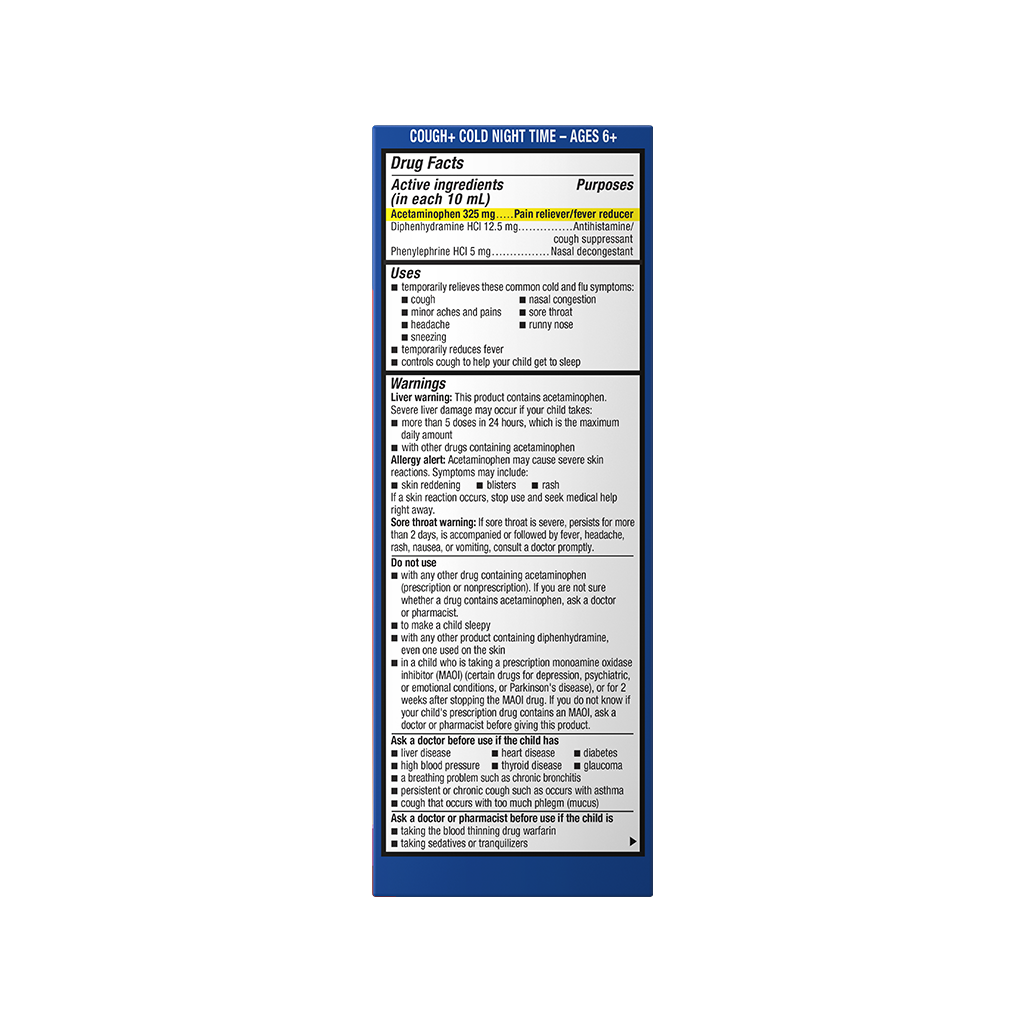 Side of the Delsym® Cough+ Cold Night Time Liquid 4oz package displaying drug facts & information.