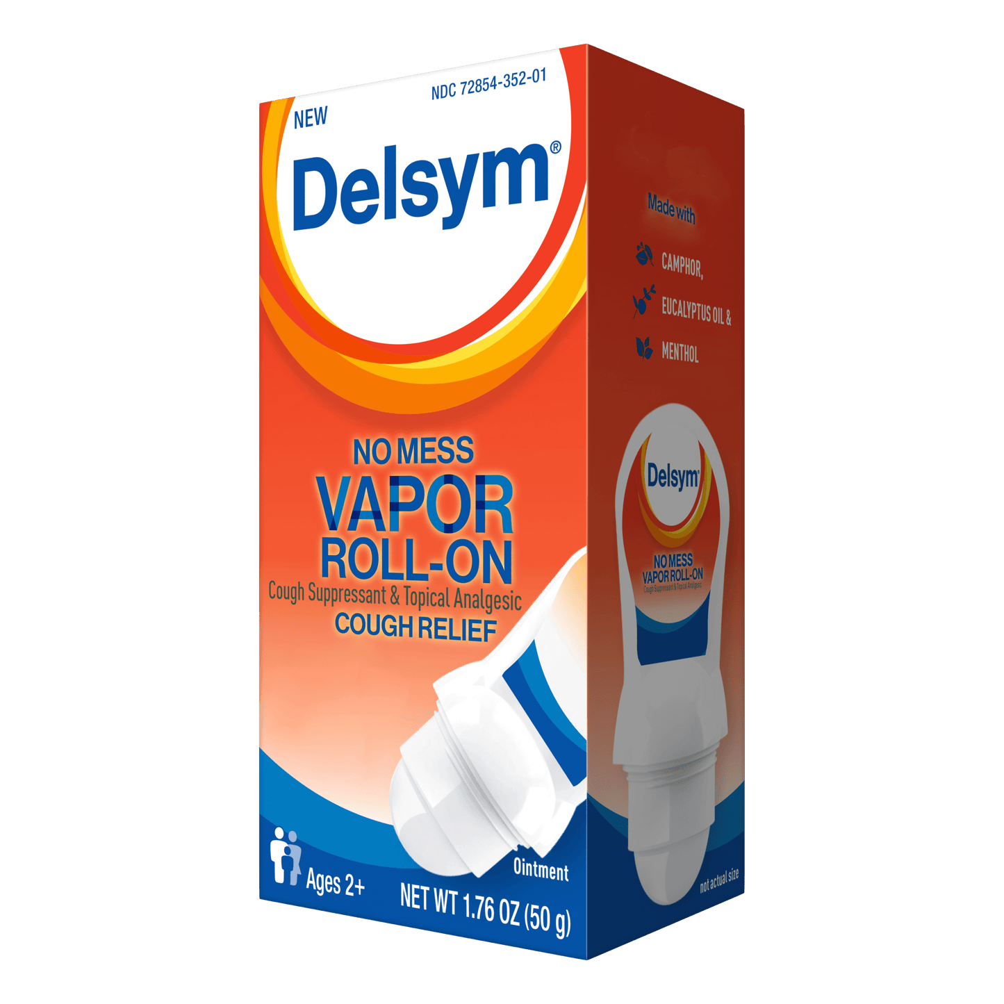 An angled view of the Delsym® No Mess Vapor Roll-On Topical Cough Relief package for adults.