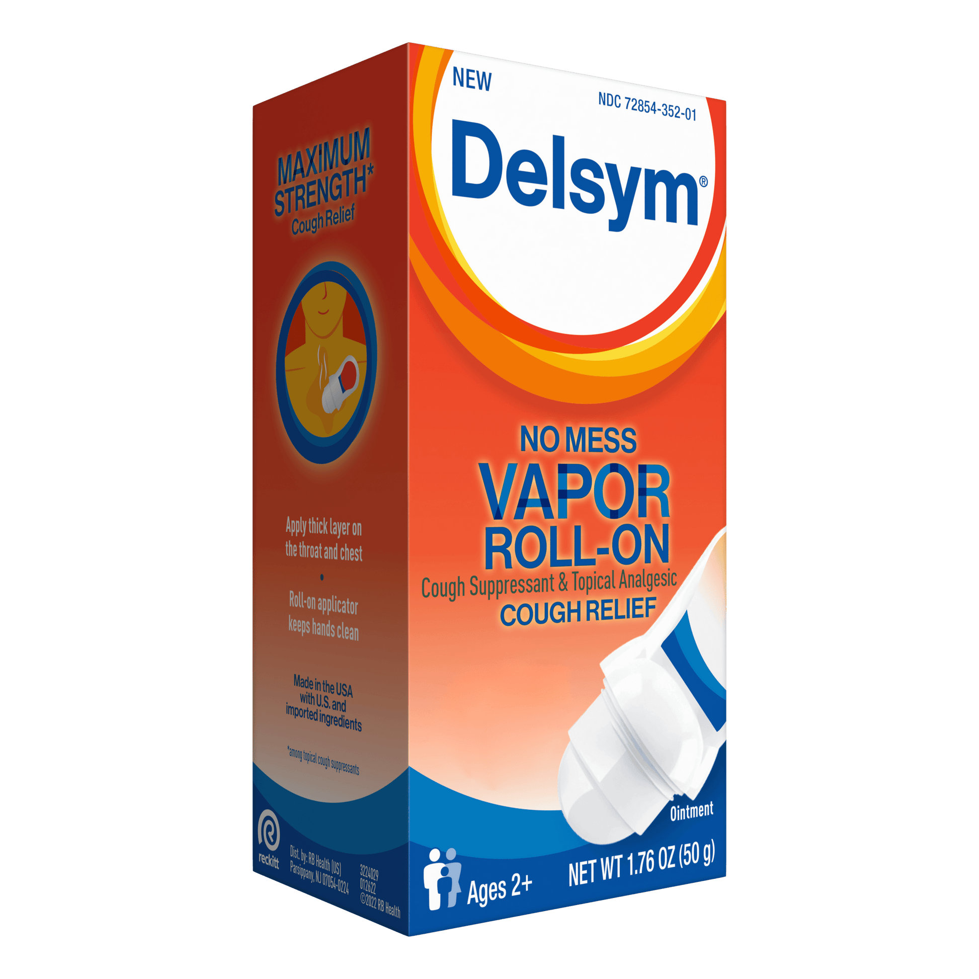 A right-side angled view of the Delsym® No Mess Vapor Roll-On Topical Cough Relief package.