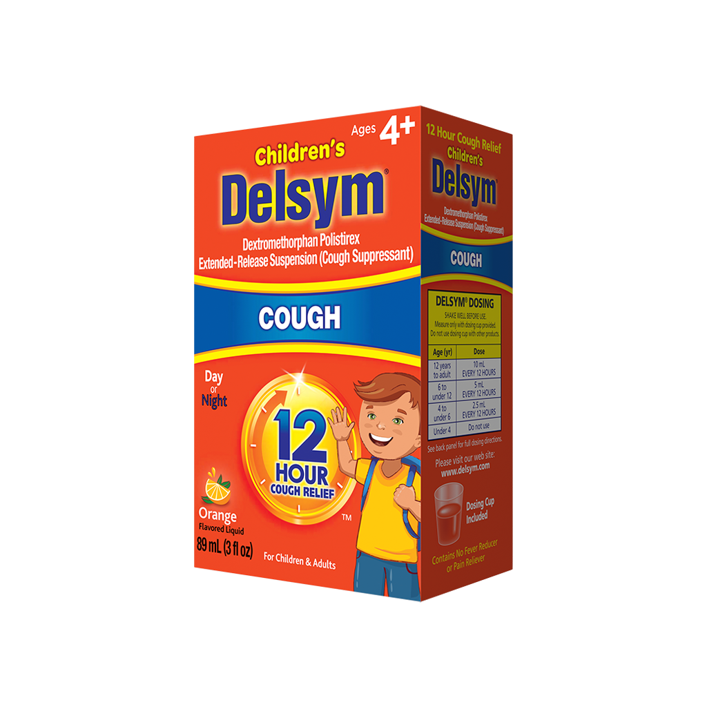 A right angled view of Delsym® 12 Hour Orange Flavored Children's Cough Liquid package for ages 4+.