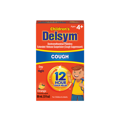 Front of Delsym® 12 Hour Orange Flavored Children's Cough Liquid package for day or night relief.