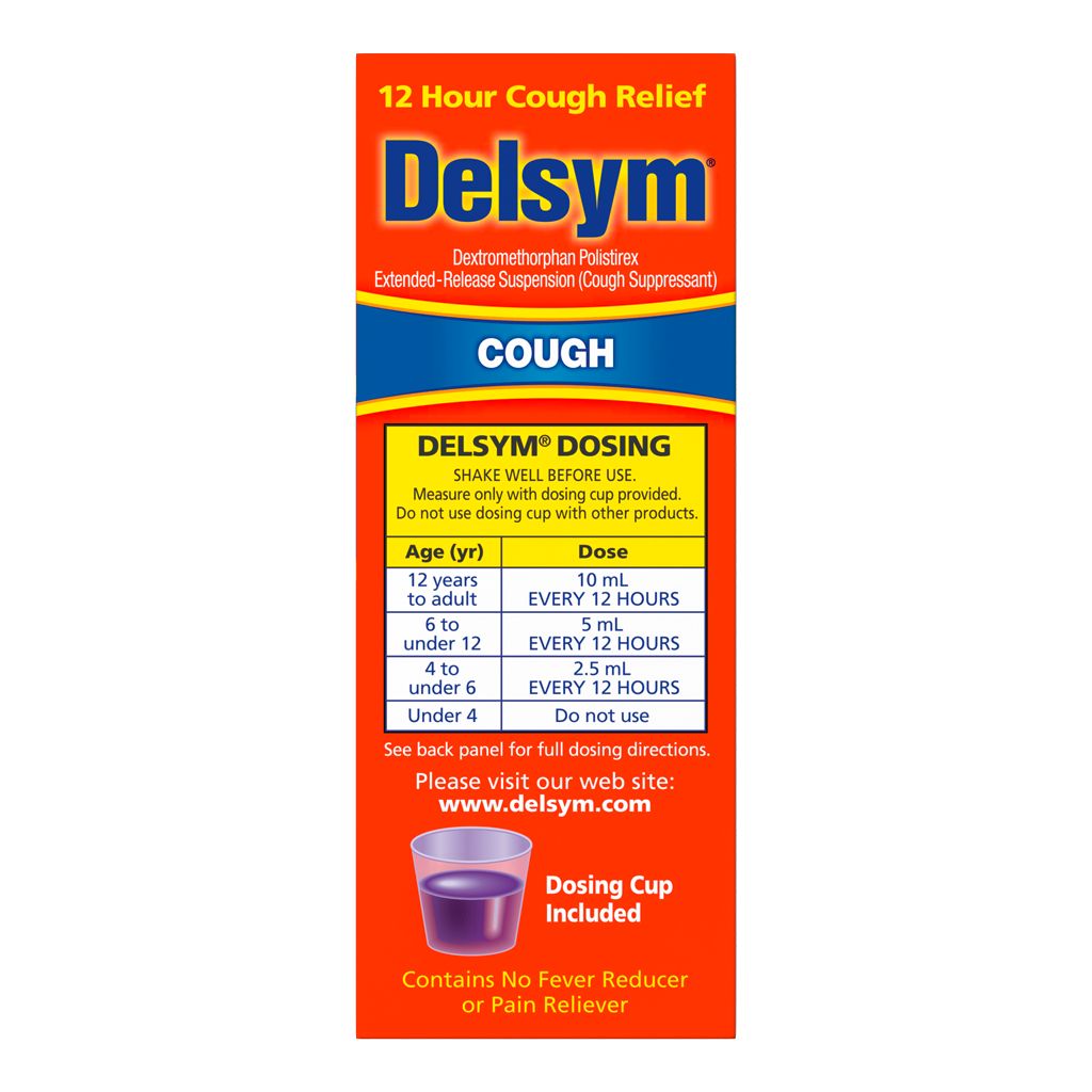 The side of the Delsym® 12 Hour Grape Flavored Cough Liquid 3oz package with dosing guide.