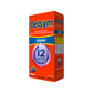 A right angled view of Delsym® 12 Hour Grape Flavored Cough Liquid package for day or night relief.