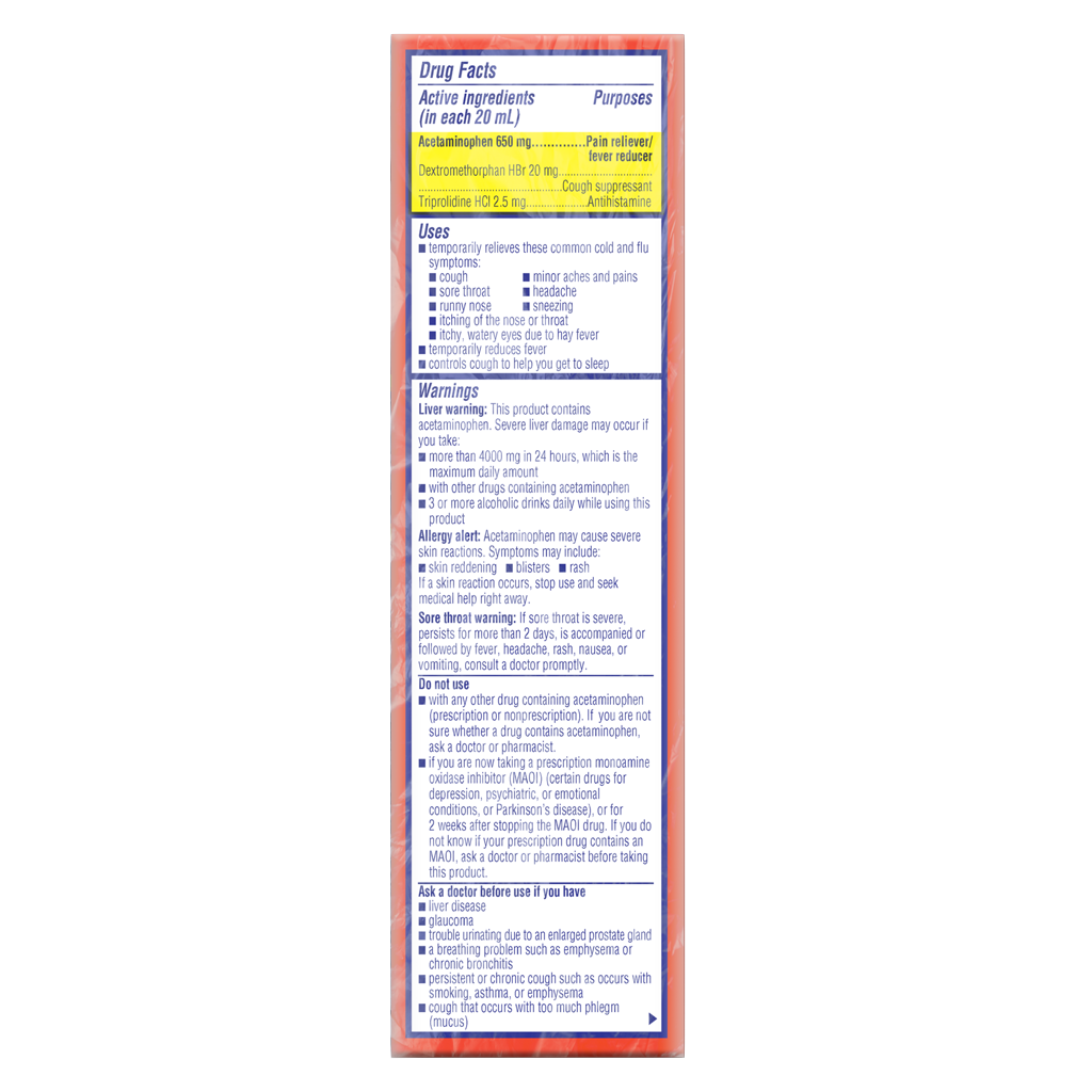 Side of the Delsym® Nighttime Fast Release 6oz package displaying drug facts & information.