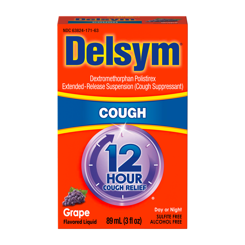 The side of the Delsym® 12 Hour Orange Flavored Cough Liquid 3oz package with dosing guide.