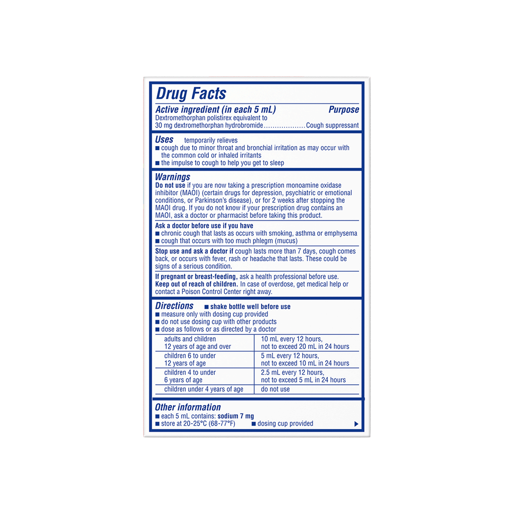 Back of Delsym® 12 Hour Orange Flavored Cough Liquid package with drug facts & usage information.