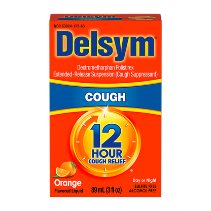 Front of the Delsym® 12 Hour Orange Flavored Cough Liquid 3oz package for cough relief.