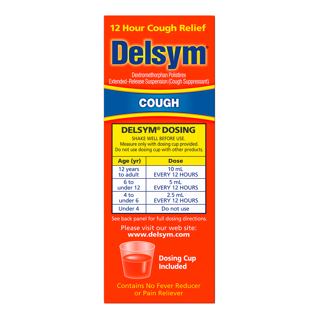 The side of the Delsym® 12 Hour Orange Flavored Cough Liquid 3oz package with dosing guide.