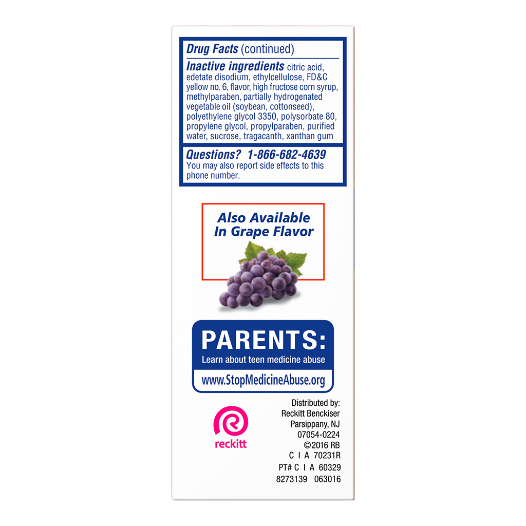 Side of the 3oz Delsym® 12 Hour Orange Flavored Cough Liquid package showing inactive ingredients.