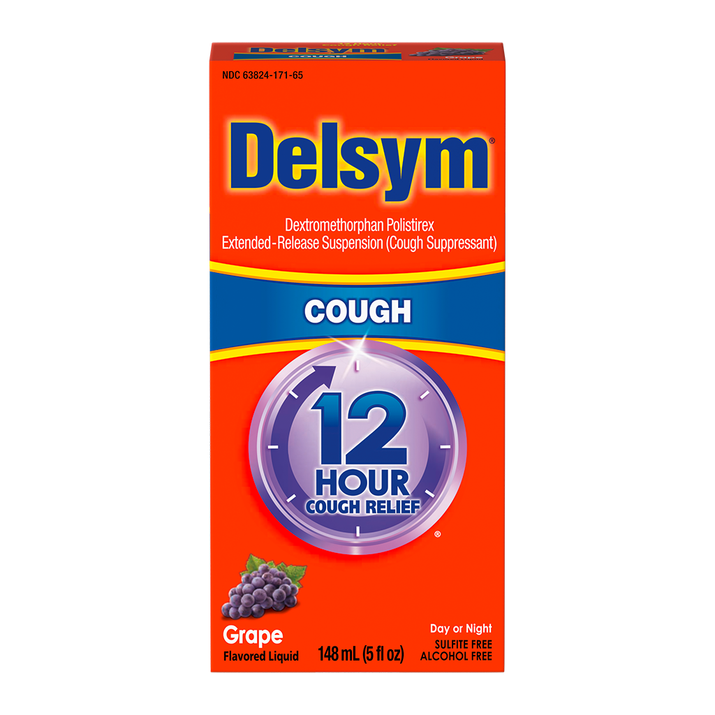The side of the Delsym® 12 Hour Orange Flavored Cough Liquid 3oz package with dosing guide.