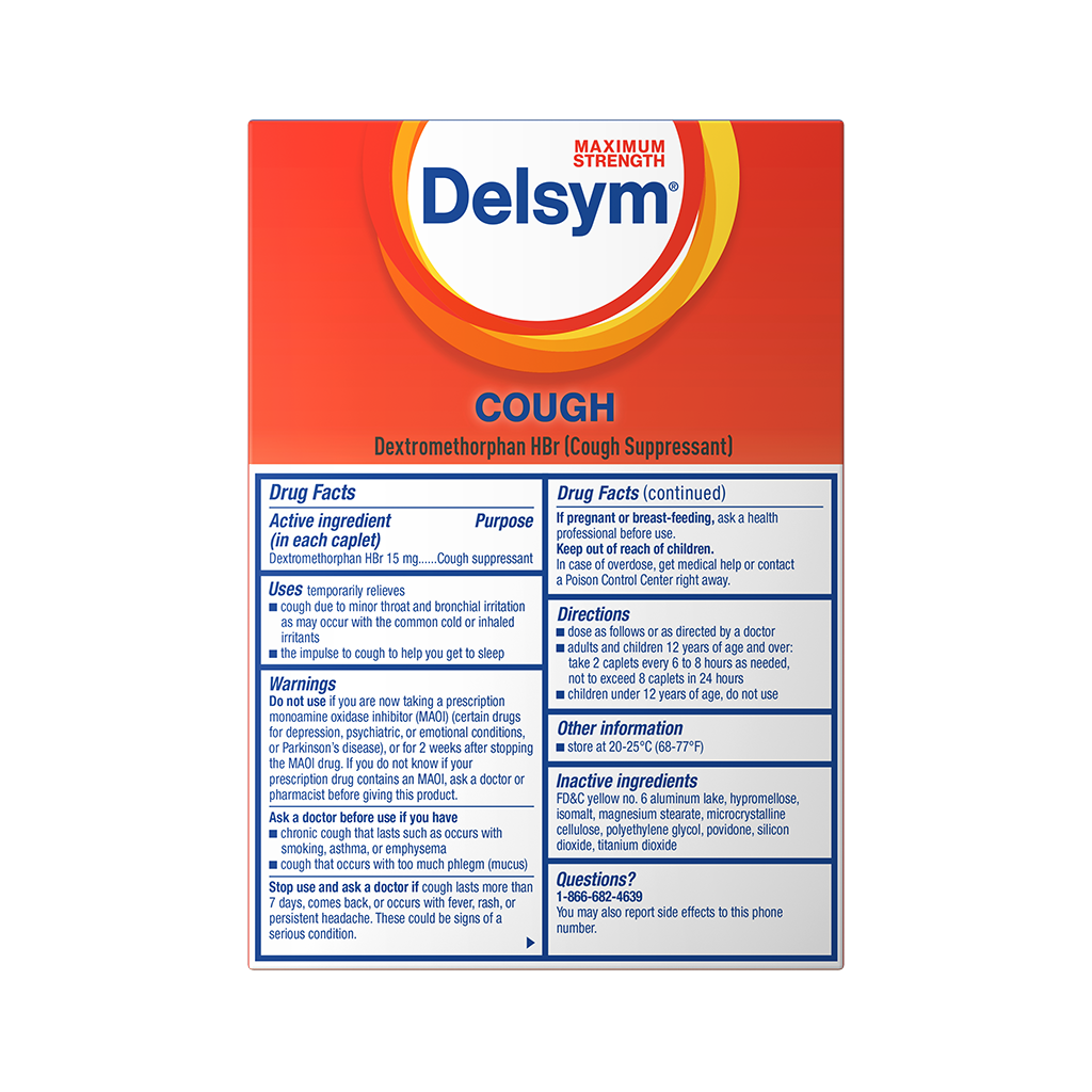 Back of Delsym® Maximum Strength Cough Suppressant Caplets box with drug facts & product usage.