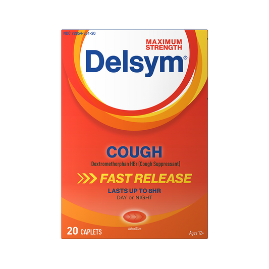 Front of the package for the Delsym® Maximum Strength Cough Suppressant 20ct. Caplets For Ages 12+.