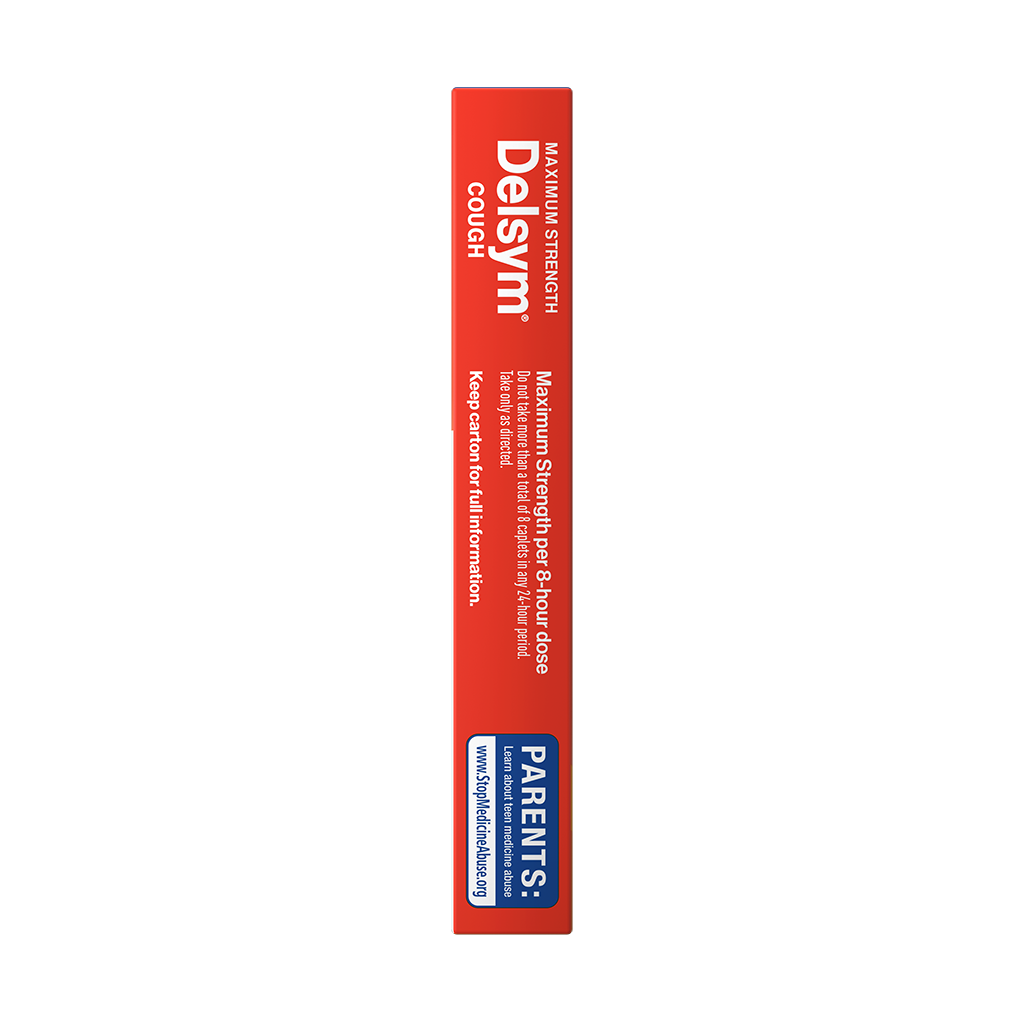 Side of Delsym® Maximum Strength Cough Suppressant Caplets box that states dosage information.