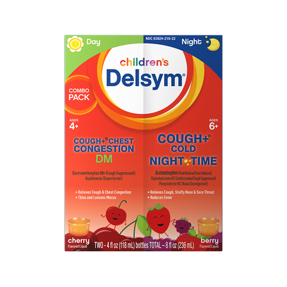 Front of Delsym® Cough+ Day/Night Combo Children's Cough Liquid package for multi-symptom relief.