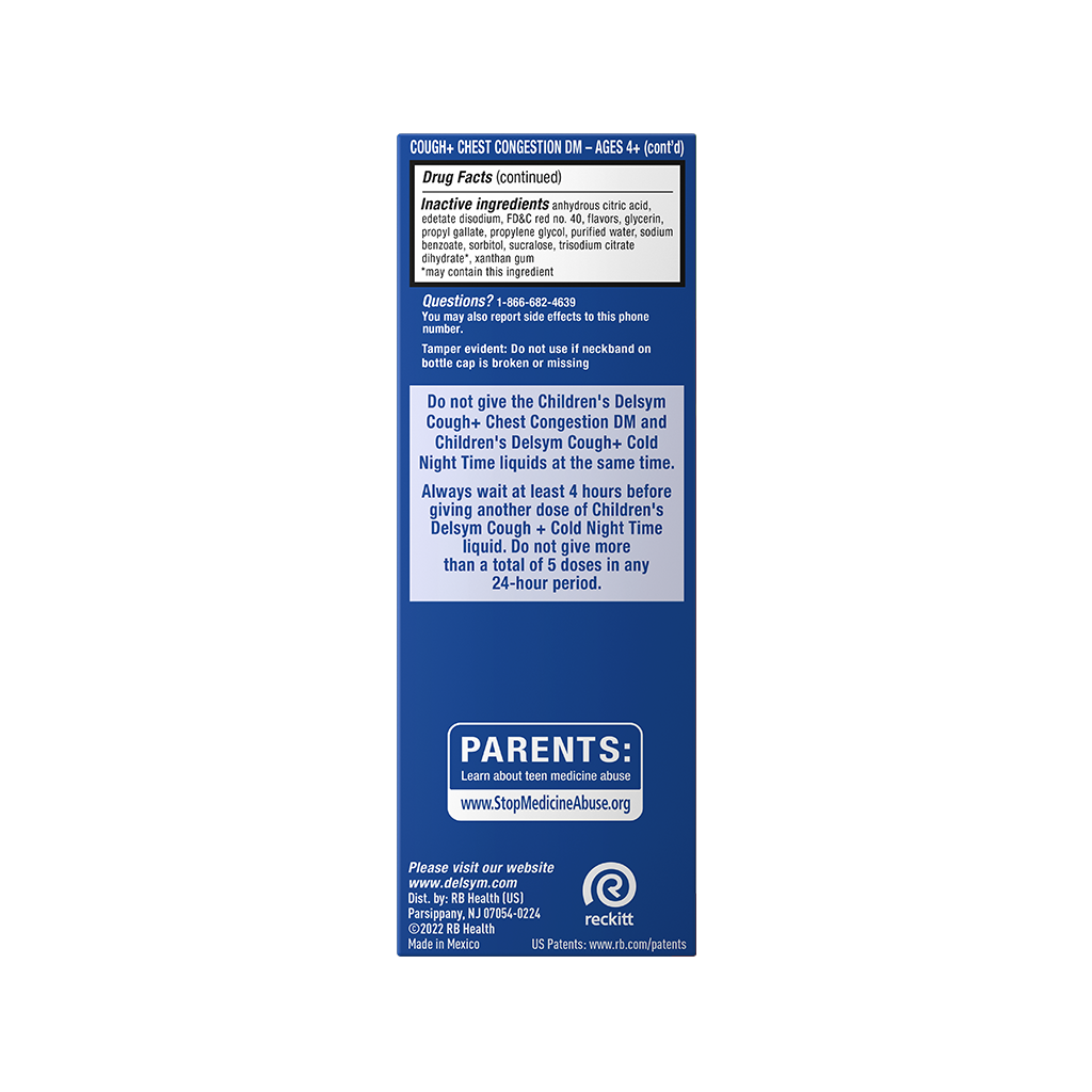 The side of the Delsym® Cough+ Chest Congestion DM Liquid package displaying inactive ingredients.