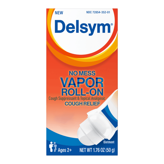 The front of the Delsym® No Mess Vapor Roll-On Topical Cough Relief package for adults.