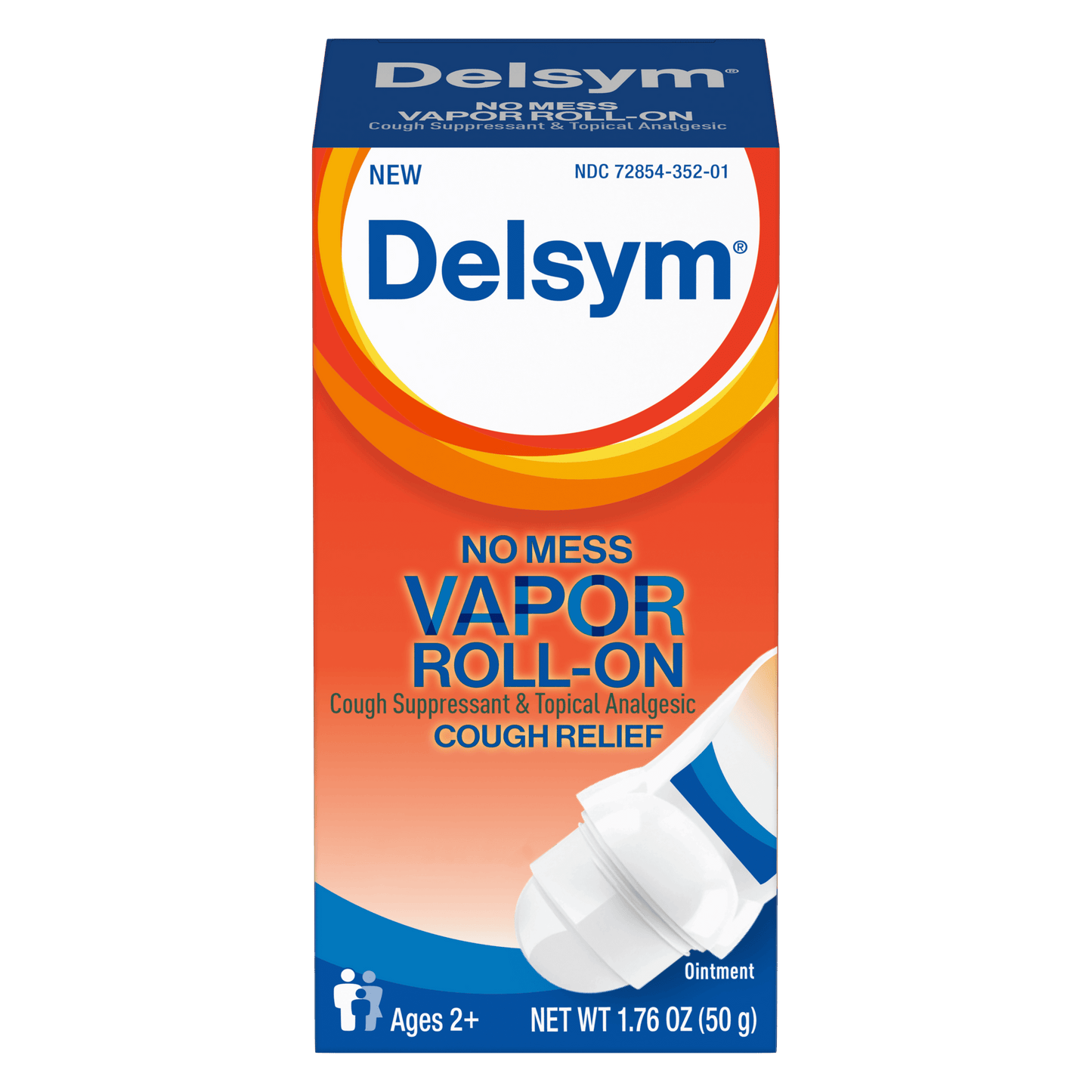 The front and top of the Delsym® No Mess Vapor Roll-On Topical Cough Relief package for adults.