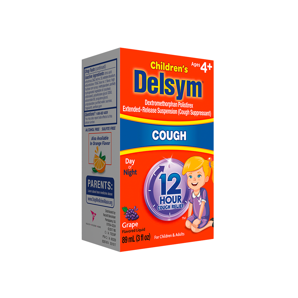 Left angled view of Delsym® 12 Hour Grape Flavored Children's Cough Liquid 3oz package for ages 4+.