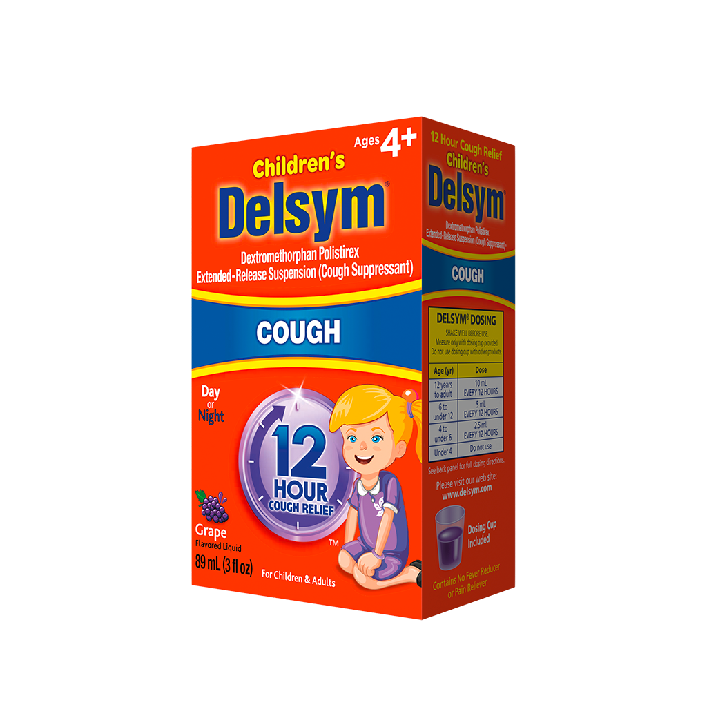 Right angled view of Delsym® 12 Hour Grape Flavored Children's Cough Liquid 3oz package for ages 4+.
