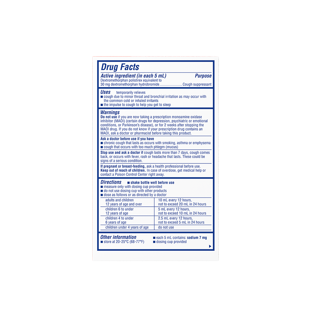 Drug facts & information for Delsym® 12 Hour Grape Flavored Children's Cough Liquid package.