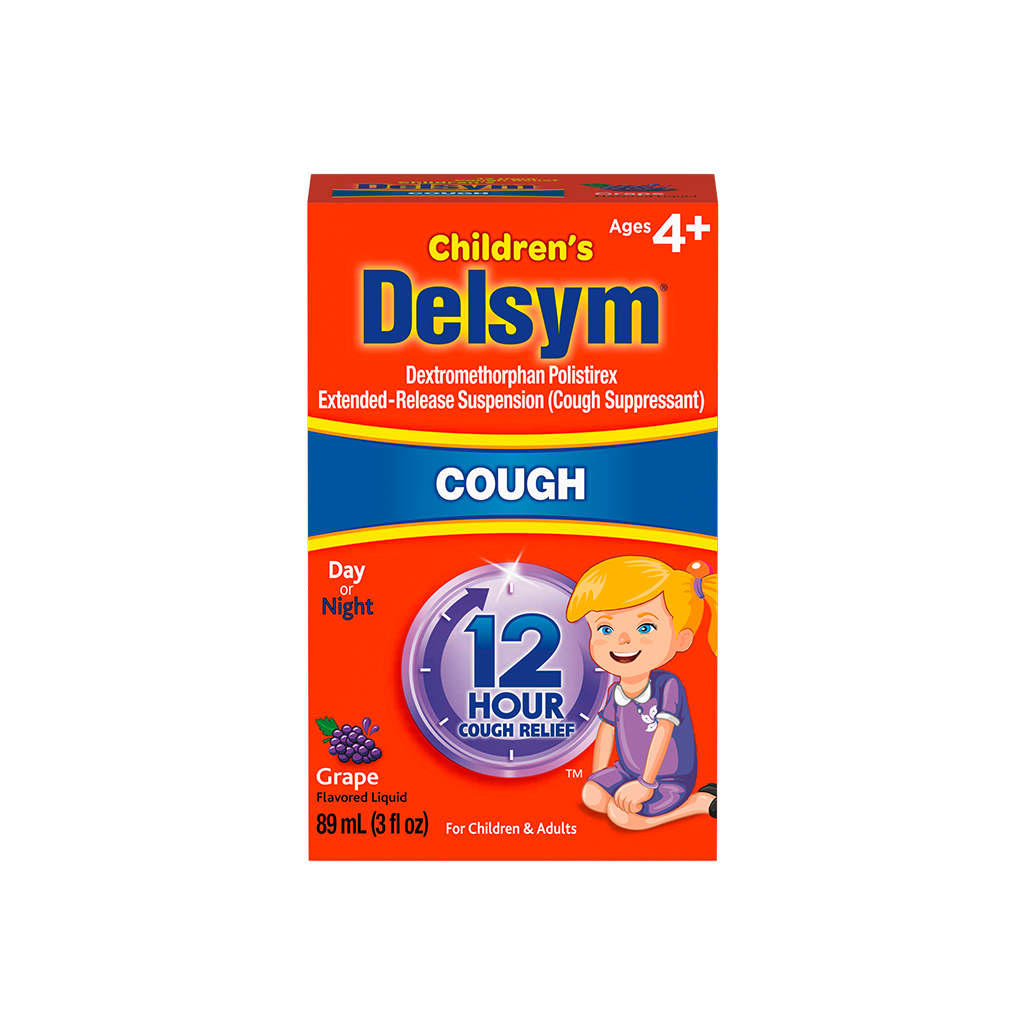 Front of the Delsym® 12 Hour Grape Flavored Children's Cough Liquid 3oz package for cough relief.