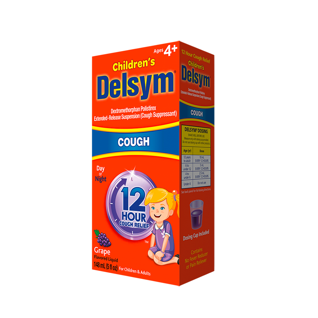 Right angled view of Delsym® 12 Hour Grape Flavored Children's Cough Liquid 5oz package for ages 4+.