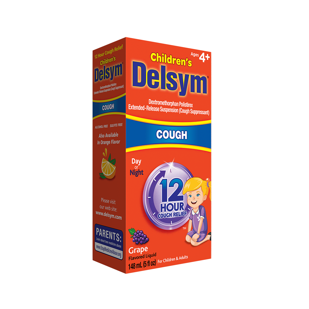 Left angled view of Delsym® 12 Hour Grape Flavored Children's Cough Liquid package for cough relief.