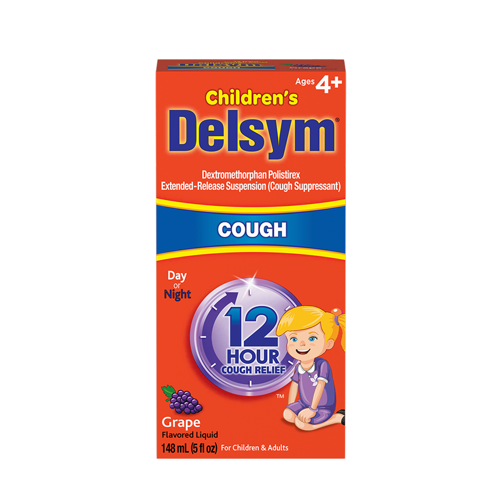 Front of the Delsym® 12 Hour Grape Flavored Children's Cough Liquid package for day or night relief.