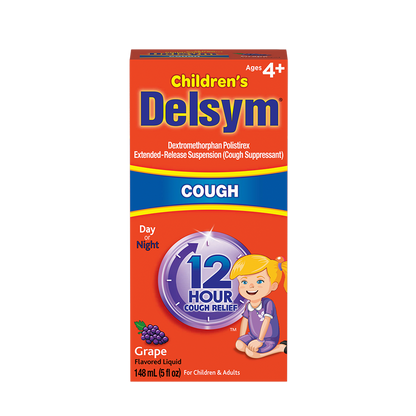 Front of the Delsym® 12 Hour Grape Flavored Children's Cough Liquid package for day or night relief.