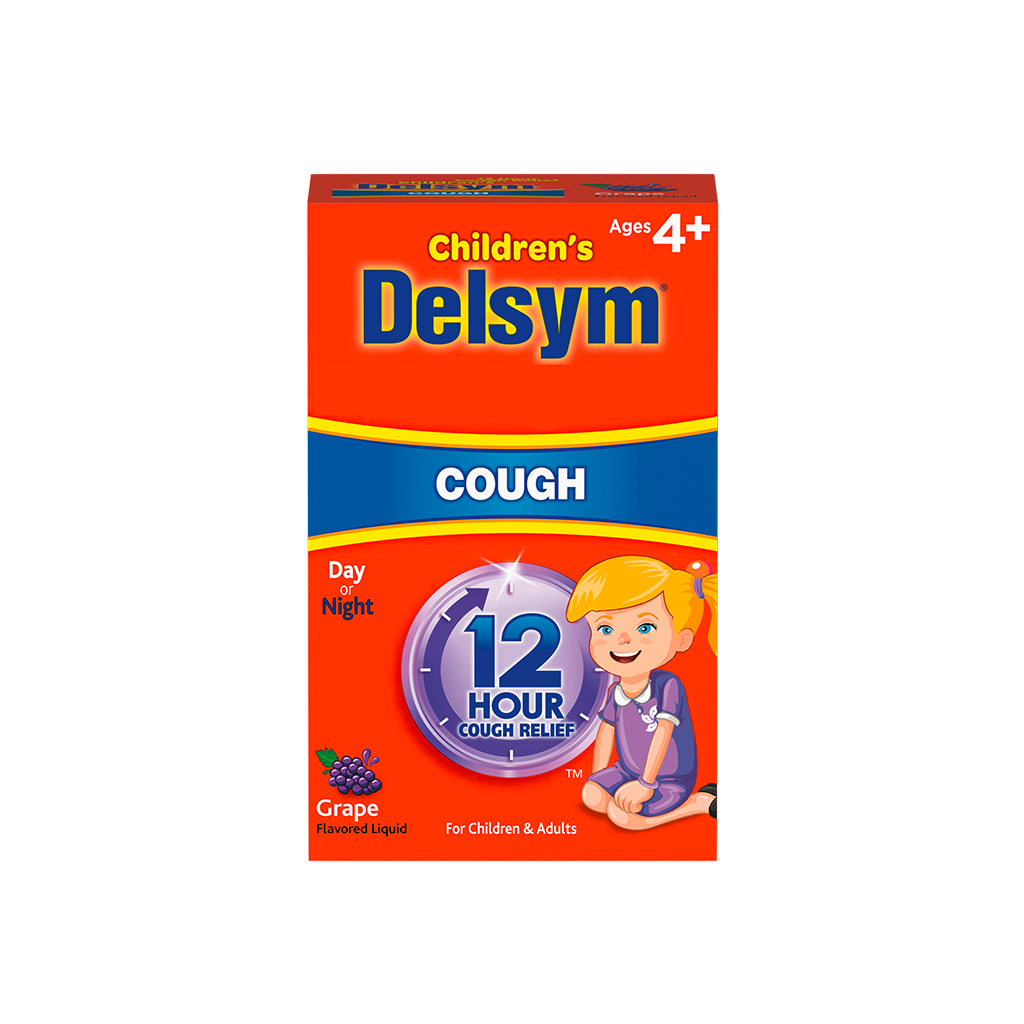 Front of the day or night Delsym® 12 Hour Grape Flavored Children's Cough Liquid package.
