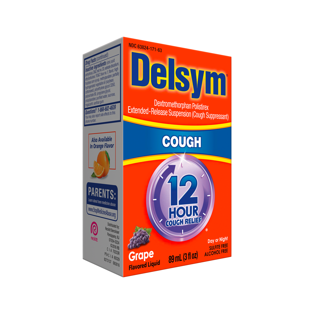 Left angled view of the Delsym® 12 Hour Grape Flavored Cough Liquid package for day or night relief.