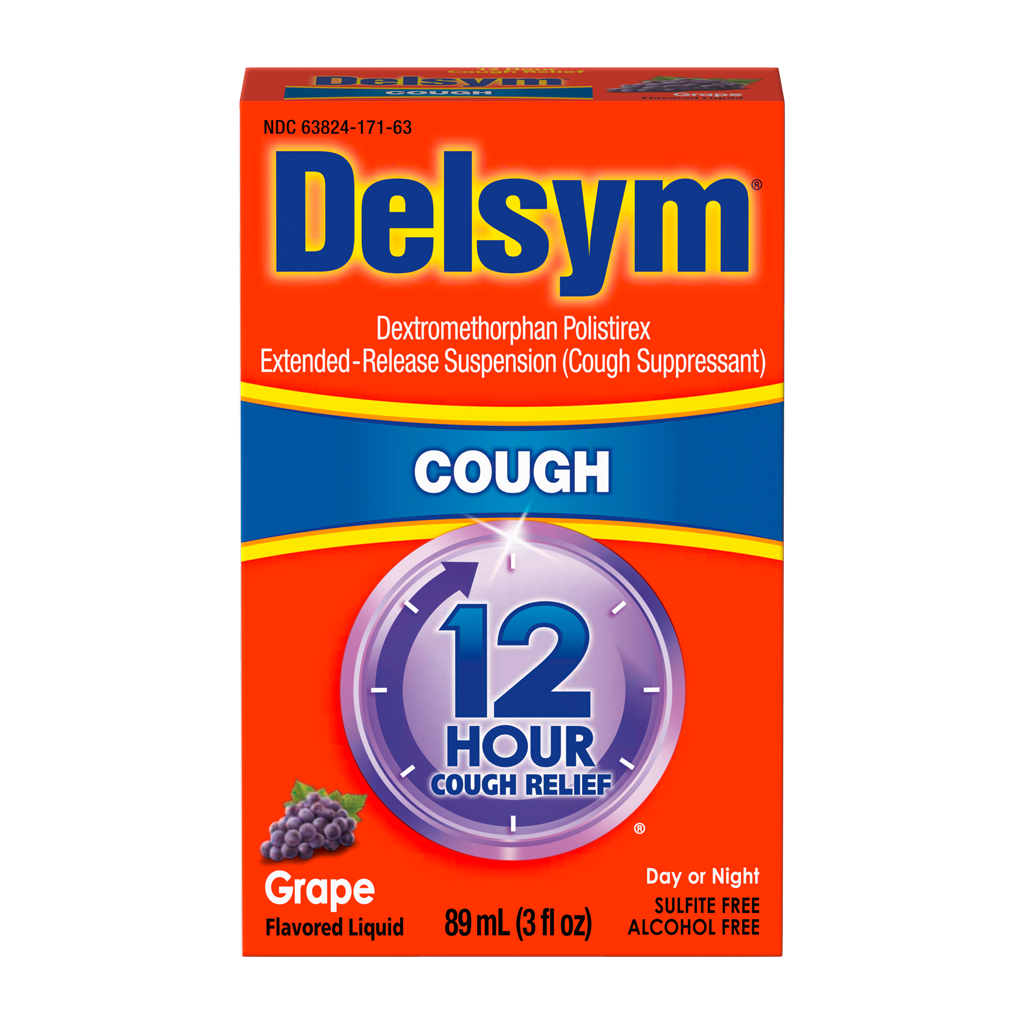 Front of the Delsym® 12 Hour Grape Flavored Cough Liquid 3oz package for day or night cough relief. 