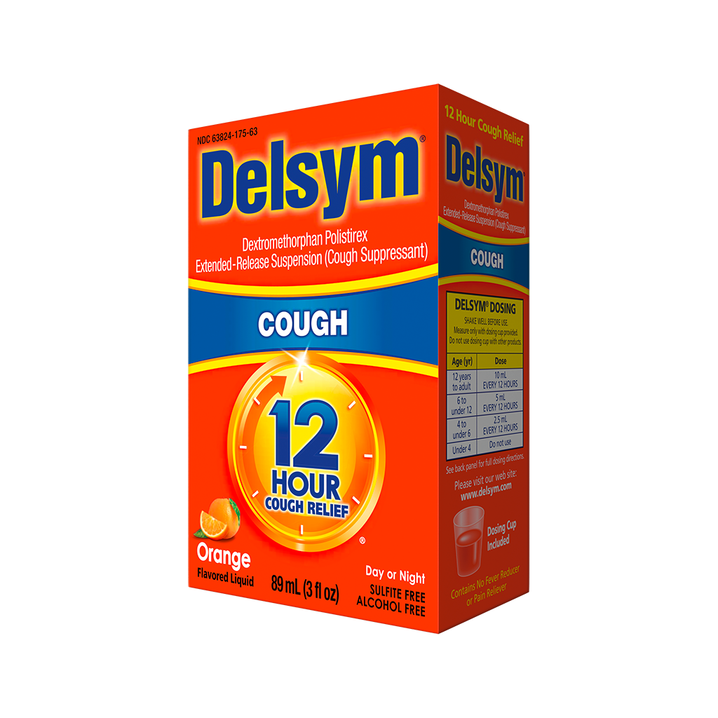 Right angled view of Delsym® 12 Hour Orange Flavored Cough Liquid package for day or night relief.