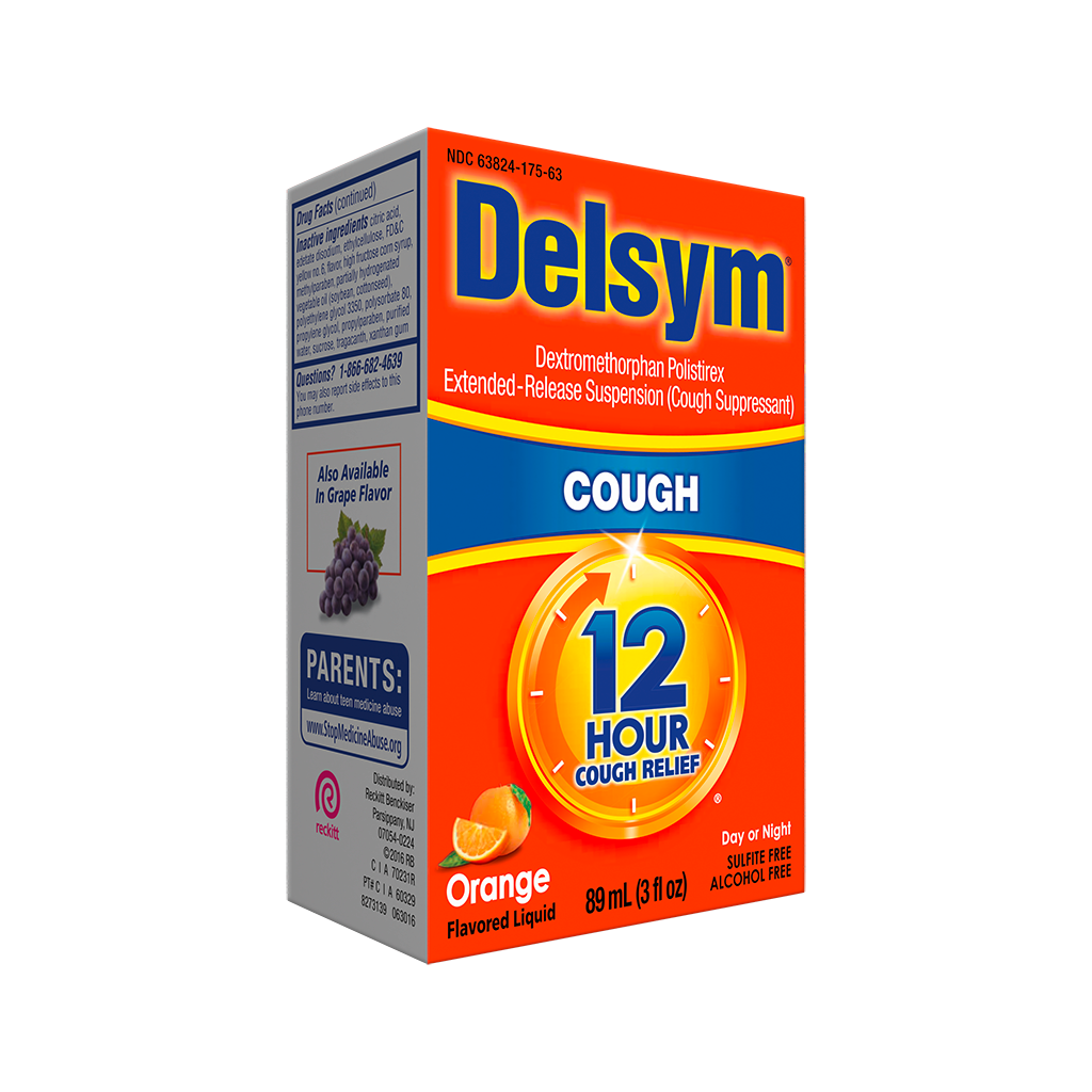 Left facing angled view of Delsym® 12 Hour Orange Flavored Cough Liquid 3oz package for ages 4+.