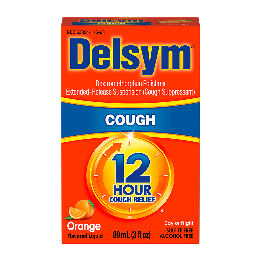 Front of the Delsym® 12 Hour Orange Flavored Cough Liquid 3oz package for cough relief.