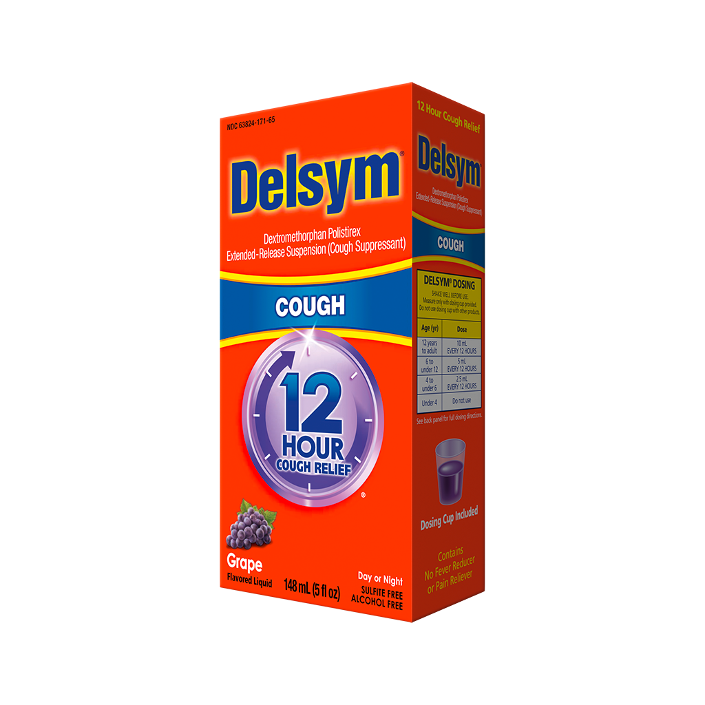 A right angled view of Delsym® 12 Hour Grape Flavored Cough Liquid package for day or night relief.