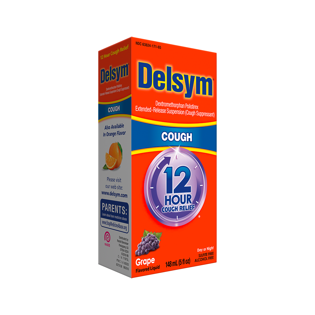 A left angled view of the Delsym® 12 Hour Grape Flavored Cough Liquid 5oz package for ages 4+.