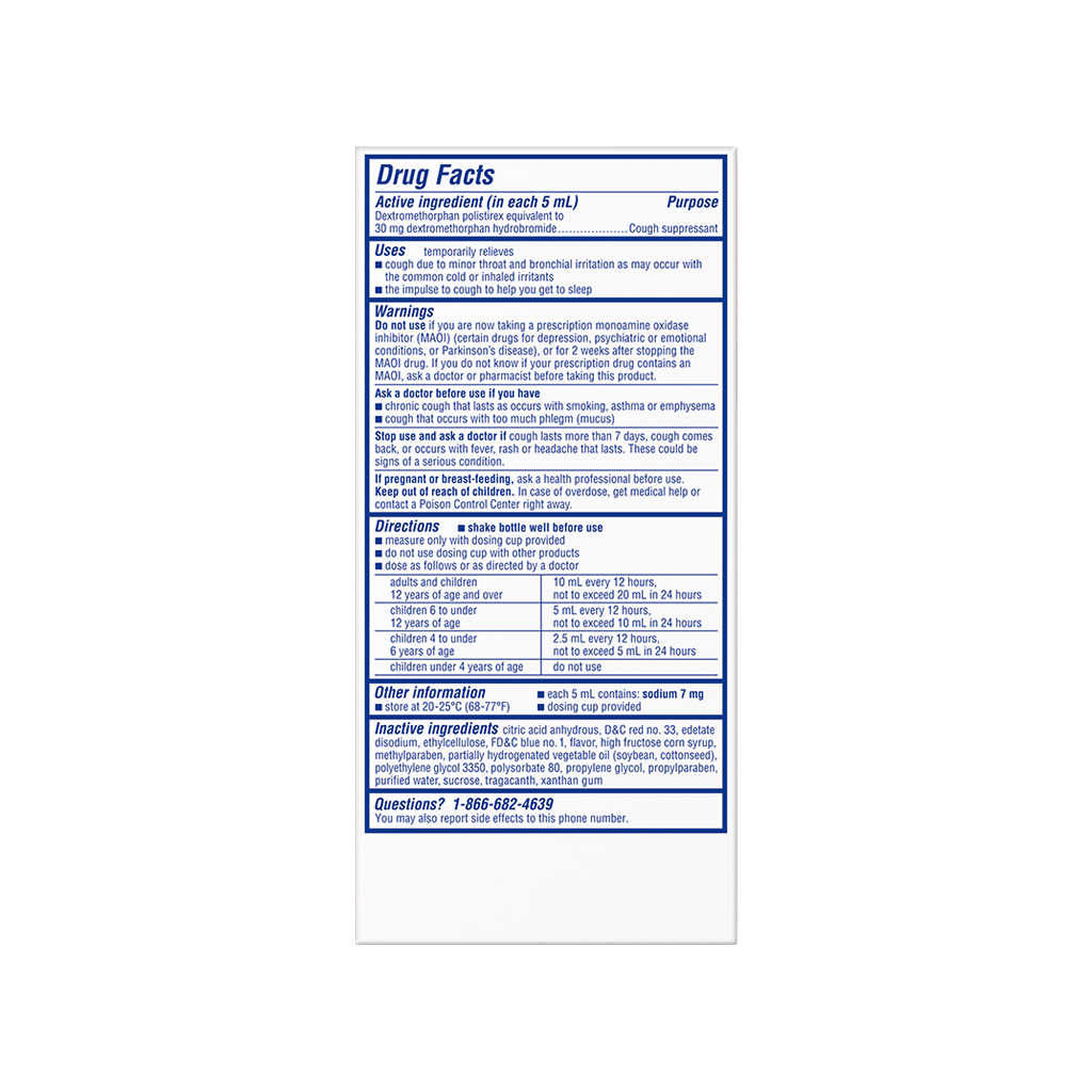 Back of Delsym® 12 Hour Grape Flavored Cough Liquid 5oz package displaying drug facts & information.