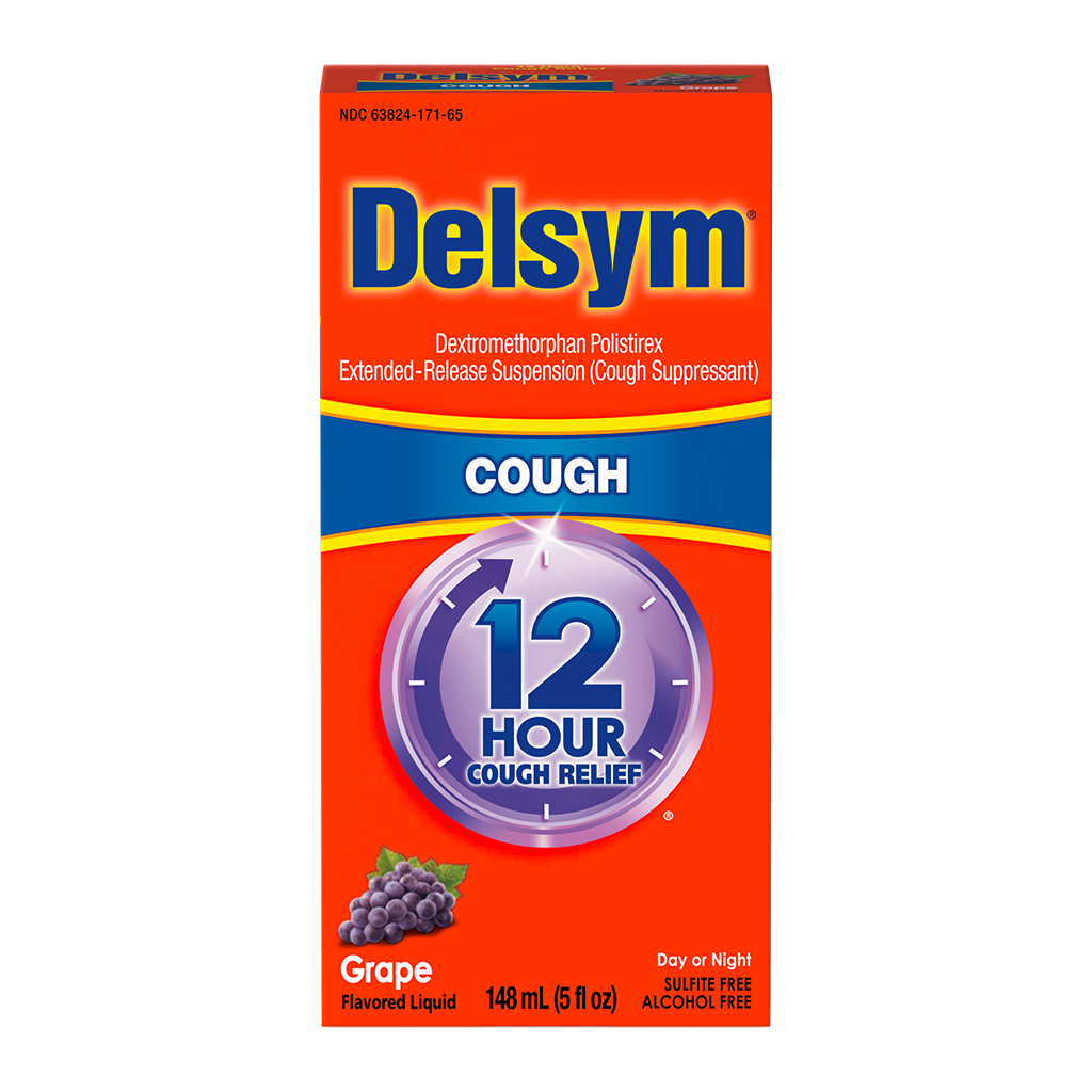 The front of the Delsym® 12 Hour Grape Flavored Cough Liquid 5oz package for day or night relief.