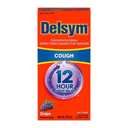 The front of the Delsym® 12 Hour Grape Flavored Cough Liquid 5oz package for day or night relief.