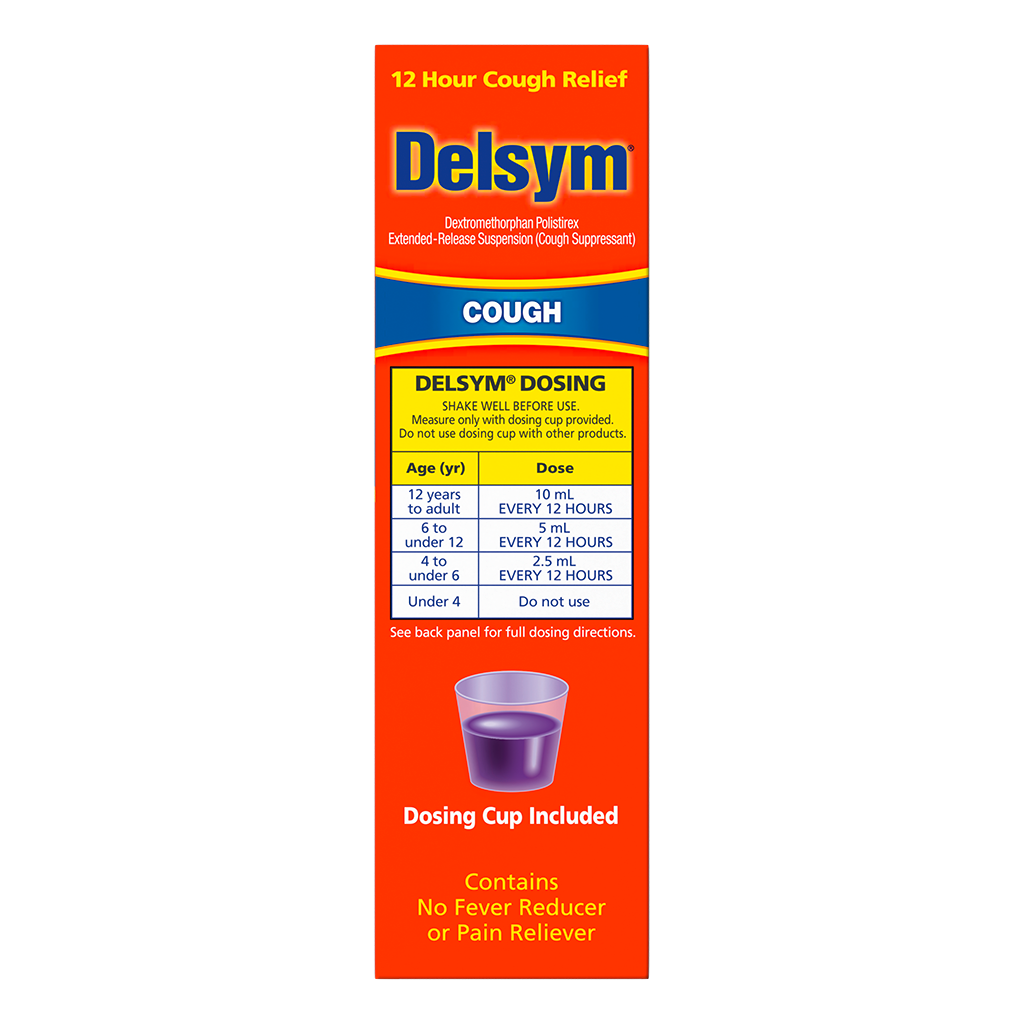 The side of the Delsym® 12 Hour Grape Flavored Cough Liquid 5oz package with dosing guide.