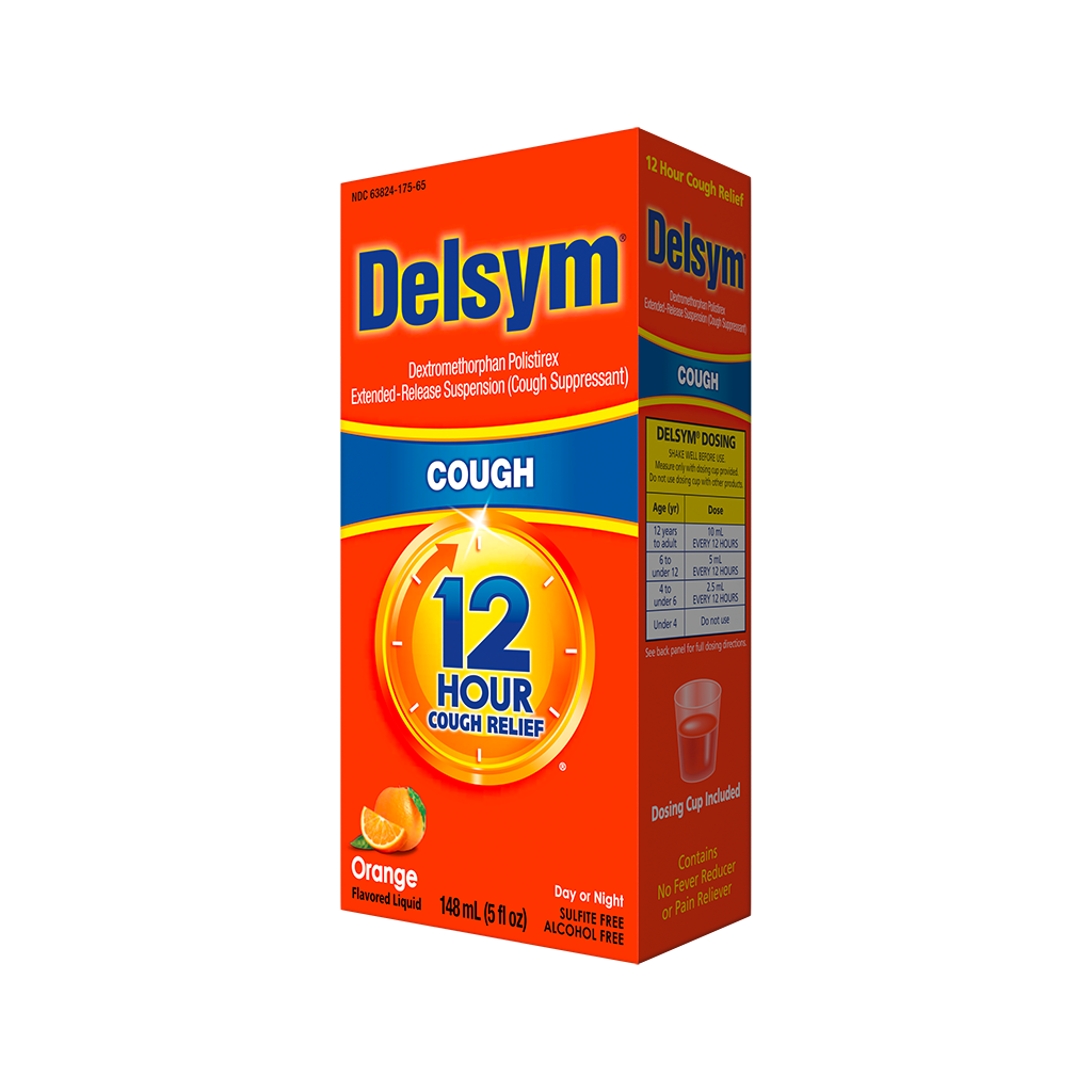Right facing angled view of Delsym® 12 Hour Orange Flavored Cough Liquid for adults package.
