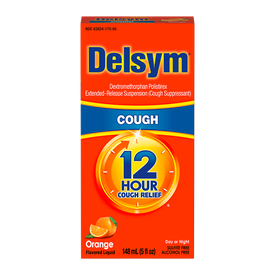 The front of the package for the Delsym® 12 Hour Orange Flavored Cough Liquid for adults.