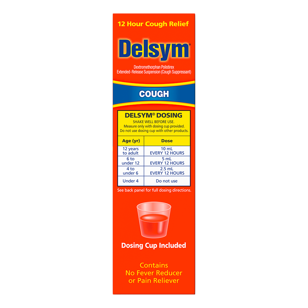 The side of the 5oz Delsym® 12 Hour Orange Flavored Cough Liquid package with dosing guide.