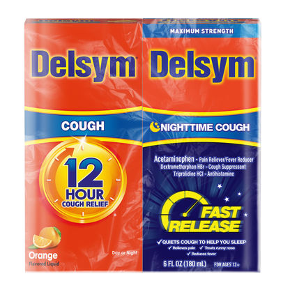 The Delsym® 12 Hour Cough Liquid and Nighttime Fast Release Combo package for multi-symptom relief.