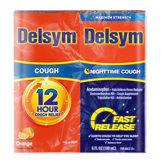 The Delsym® 12 Hour Cough Liquid and Nighttime Fast Release Combo package for multi-symptom relief.