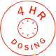 Icon of a pill with text 4 hour dosing showing that Delsym product is effective for up to 4 hours.